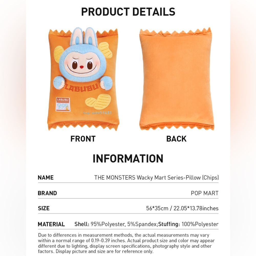 Pop Mart Labubu Chips Wacky Mart Pillow New Sealed - Picture 8 of 9